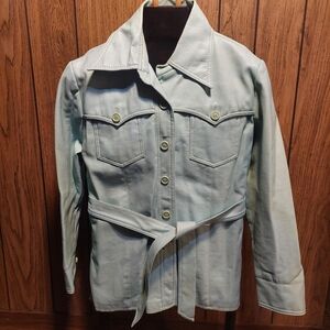 Women's Light Blue Teal Belted Vinyl Jacket 70s Large Light Weight Rain Shield